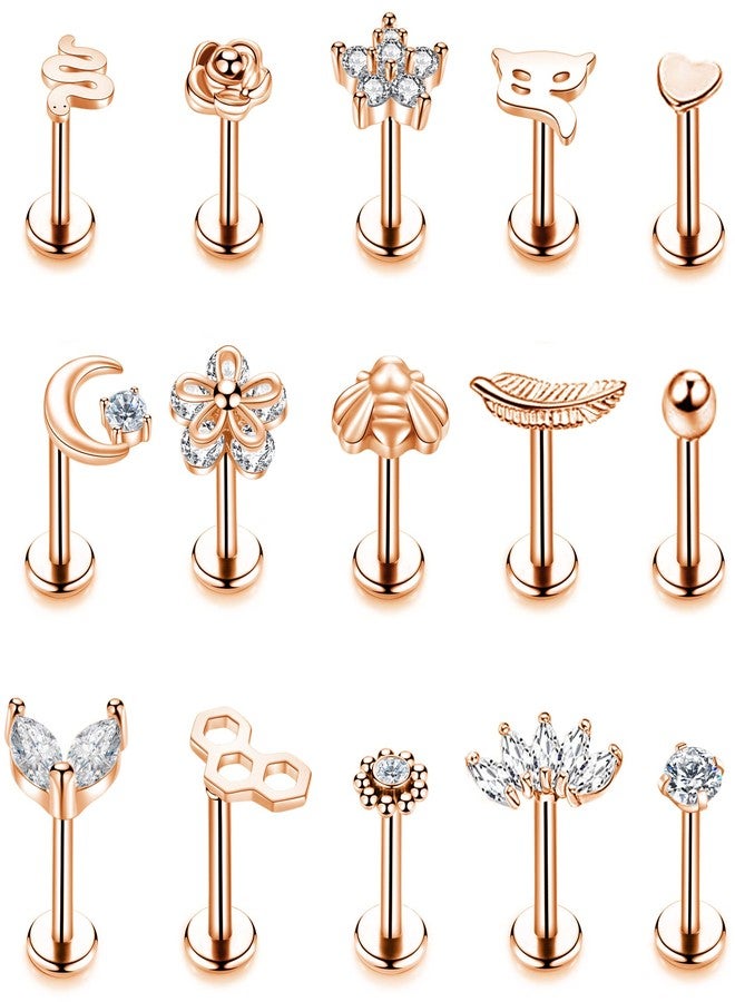 NICEIGHT 15PCS 16G 316L Stainless Steel Cartilage Earring Stud Internal Thread CZ Flower Moon Labret Studs Tragus Helix Monroe Piercing Jewelry Rose Gold - Image 1